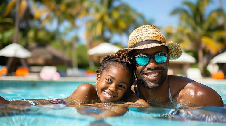 Woman enjoying breakfast in pool